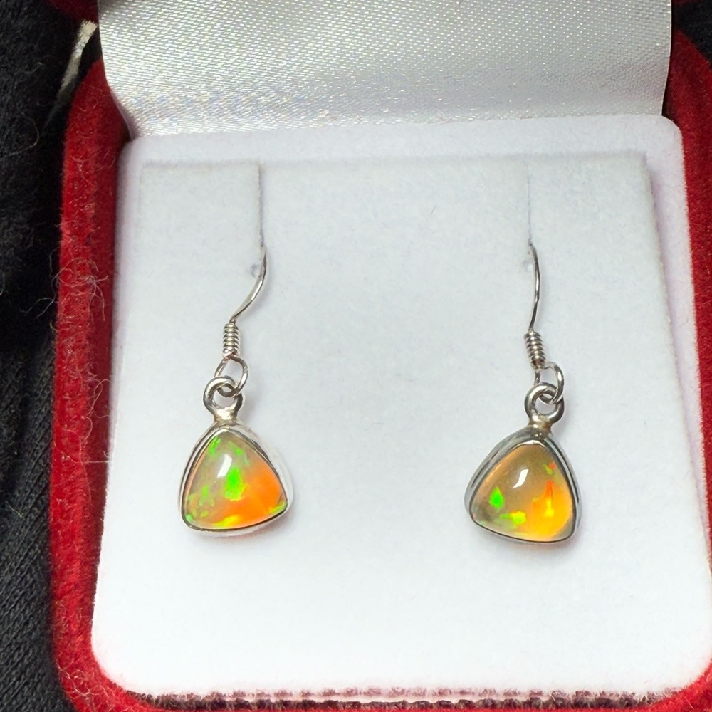 Natural Ethiopian Opal Trillion Cut Sterling Silver Dangle Earrings